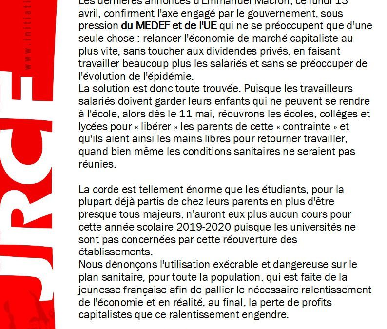 Communiqué : La jeunesse de France n’est pas aux services des intérêts capitalistes !