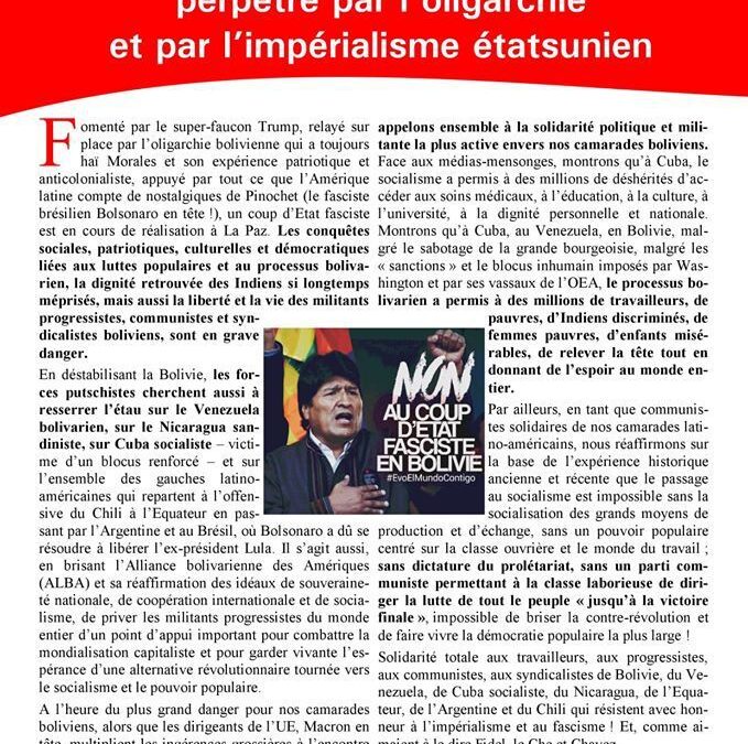 Soutien à Evo Morales et au peuple bolivien [communiqué commun]